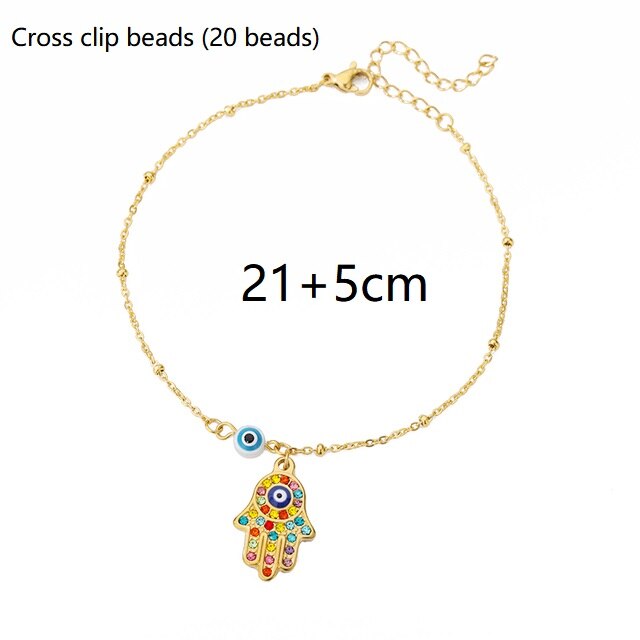 Turkey Evil Eye Bead Crystal Palm Anklet For Women Boho Color Stone Pearl Chain Acrylic Flower Bracelet Female Teen Feet Jewelry
