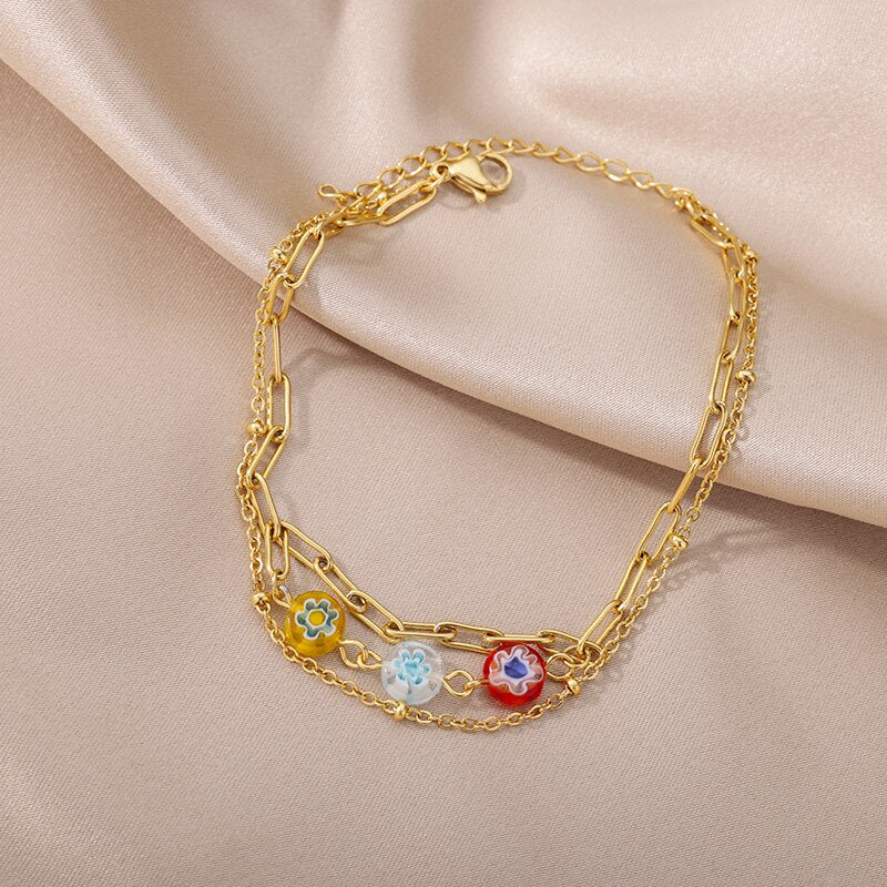 Turkey Evil Eye Bead Crystal Palm Anklet For Women Boho Color Stone Pearl Chain Acrylic Flower Bracelet Female Teen Feet Jewelry