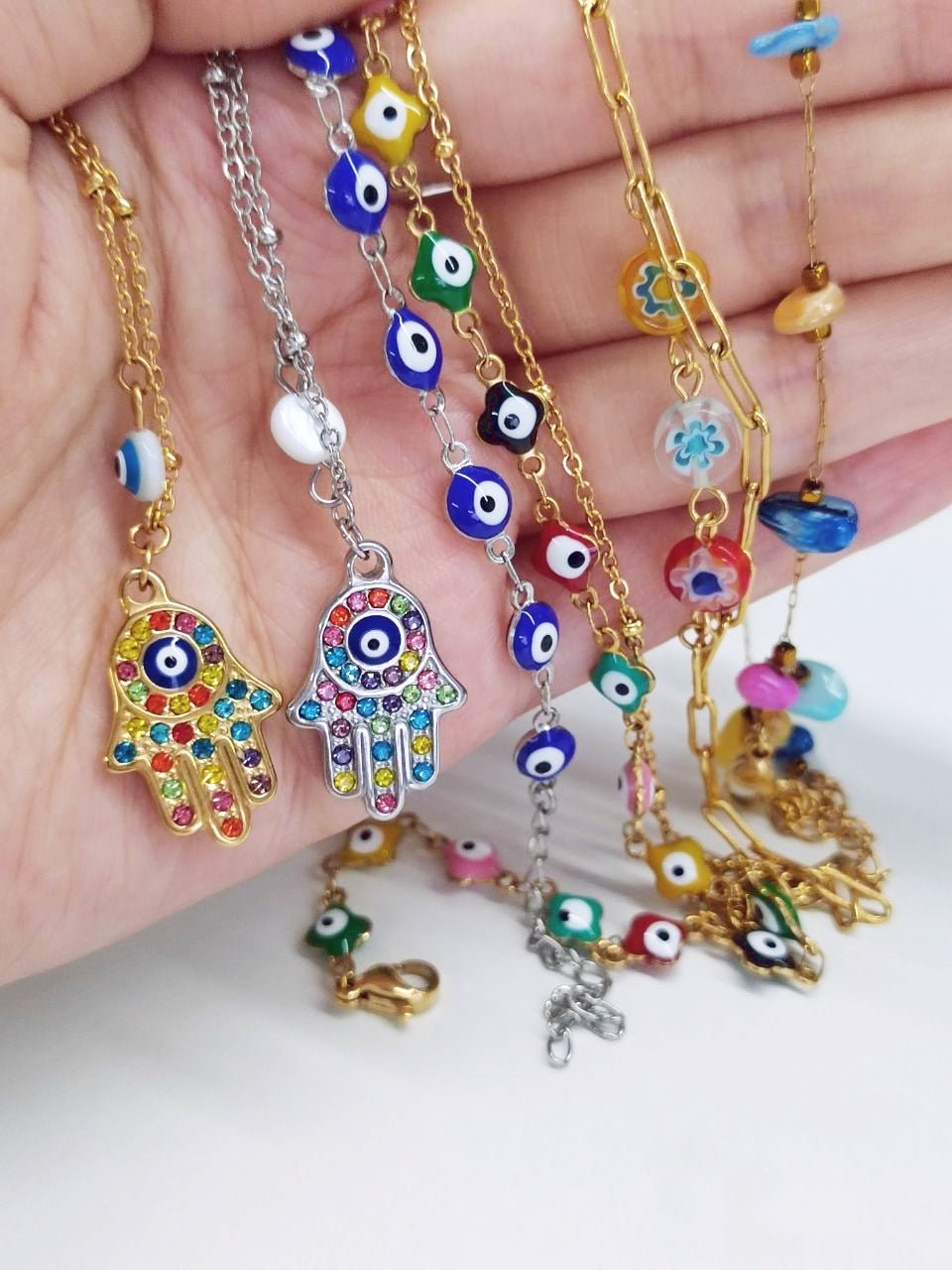 Turkey Evil Eye Bead Crystal Palm Anklet For Women Boho Color Stone Pearl Chain Acrylic Flower Bracelet Female Teen Feet Jewelry