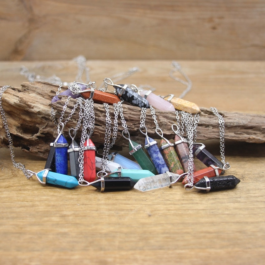 Natural Stone Hexagonal Point Pendants Necklaces Healing Crystal Quartz Fluorite Lapis Bullet Pendulum Chakra Jewelry QC3106
