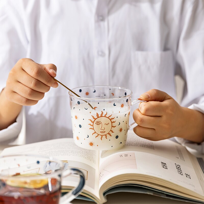 500ml Creative Scale Glass Mug Breakfast Milk Coffe Cup Household Couple Water Cup Sun Eye Pattern Drinkware Kitchen Tableware