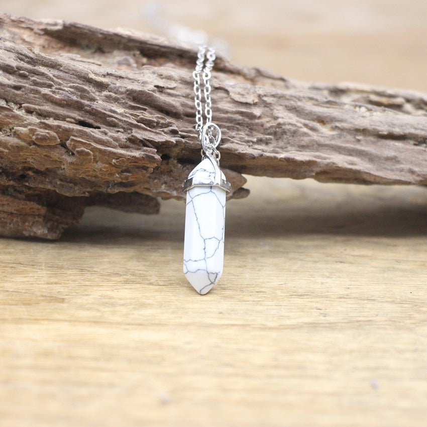 Natural Stone Hexagonal Point Pendants Necklaces Healing Crystal Quartz Fluorite Lapis Bullet Pendulum Chakra Jewelry QC3106
