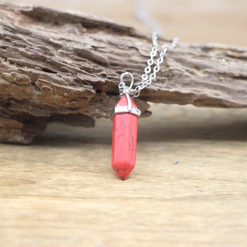 Natural Stone Hexagonal Point Pendants Necklaces Healing Crystal Quartz Fluorite Lapis Bullet Pendulum Chakra Jewelry QC3106