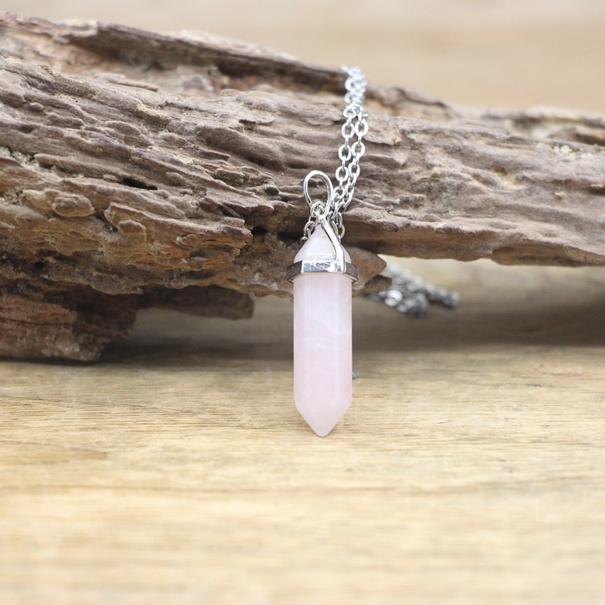 Natural Stone Hexagonal Point Pendants Necklaces Healing Crystal Quartz Fluorite Lapis Bullet Pendulum Chakra Jewelry QC3106