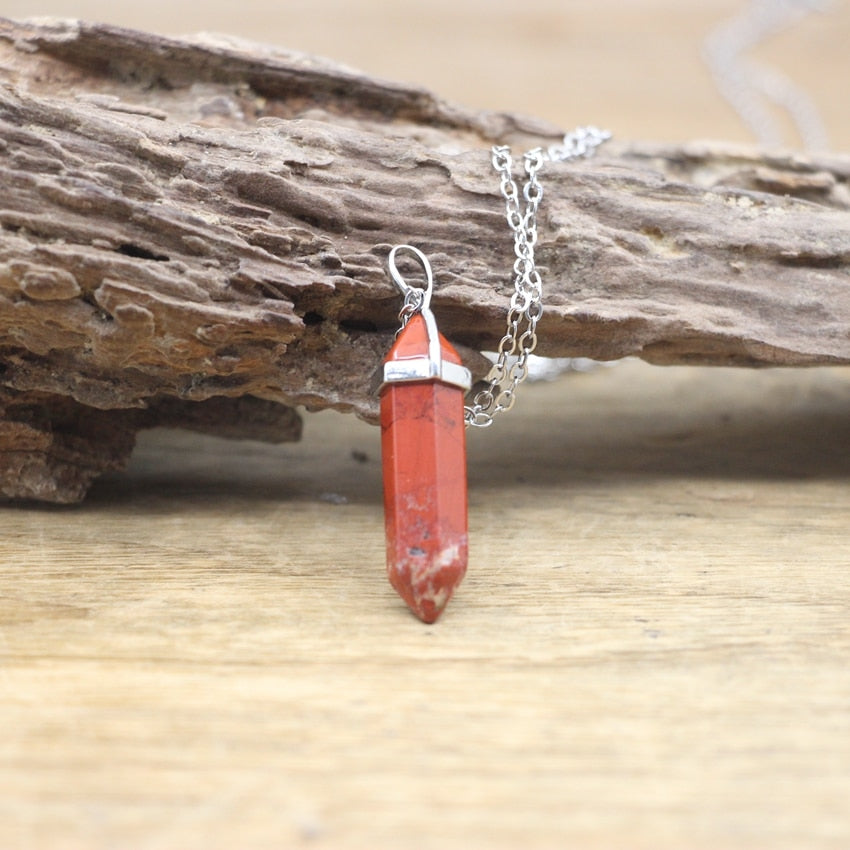 Natural Stone Hexagonal Point Pendants Necklaces Healing Crystal Quartz Fluorite Lapis Bullet Pendulum Chakra Jewelry QC3106