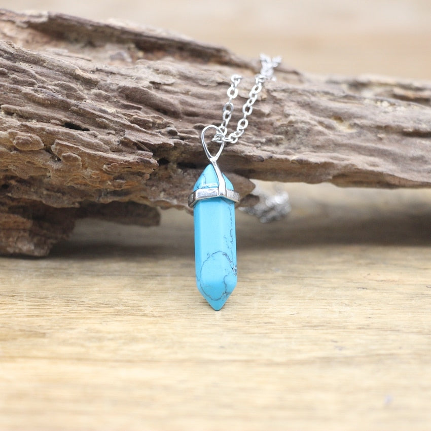 Natural Stone Hexagonal Point Pendants Necklaces Healing Crystal Quartz Fluorite Lapis Bullet Pendulum Chakra Jewelry QC3106