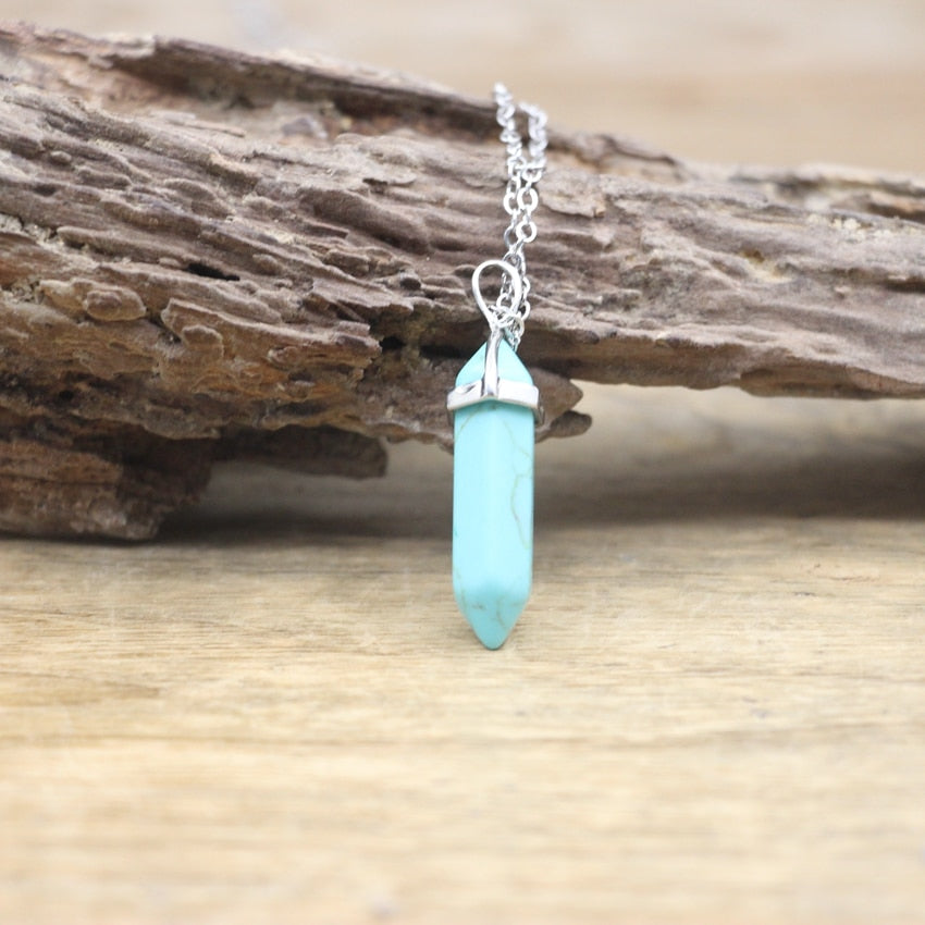 Natural Stone Hexagonal Point Pendants Necklaces Healing Crystal Quartz Fluorite Lapis Bullet Pendulum Chakra Jewelry QC3106