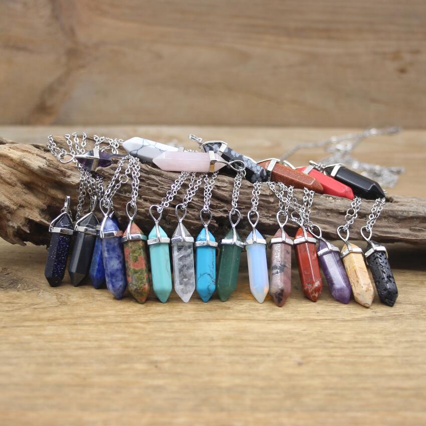 Natural Stone Hexagonal Point Pendants Necklaces Healing Crystal Quartz Fluorite Lapis Bullet Pendulum Chakra Jewelry QC3106
