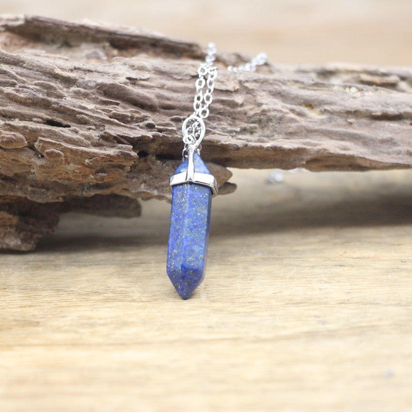 Natural Stone Hexagonal Point Pendants Necklaces Healing Crystal Quartz Fluorite Lapis Bullet Pendulum Chakra Jewelry QC3106