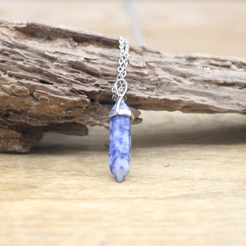 Natural Stone Hexagonal Point Pendants Necklaces Healing Crystal Quartz Fluorite Lapis Bullet Pendulum Chakra Jewelry QC3106