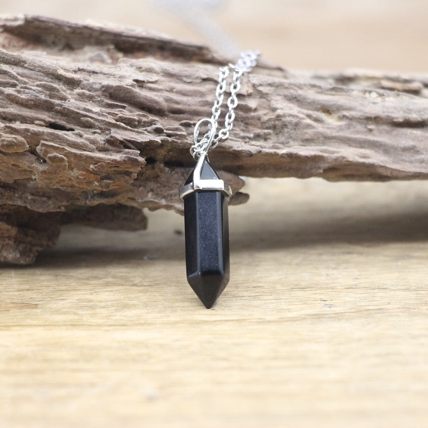 Natural Stone Hexagonal Point Pendants Necklaces Healing Crystal Quartz Fluorite Lapis Bullet Pendulum Chakra Jewelry QC3106