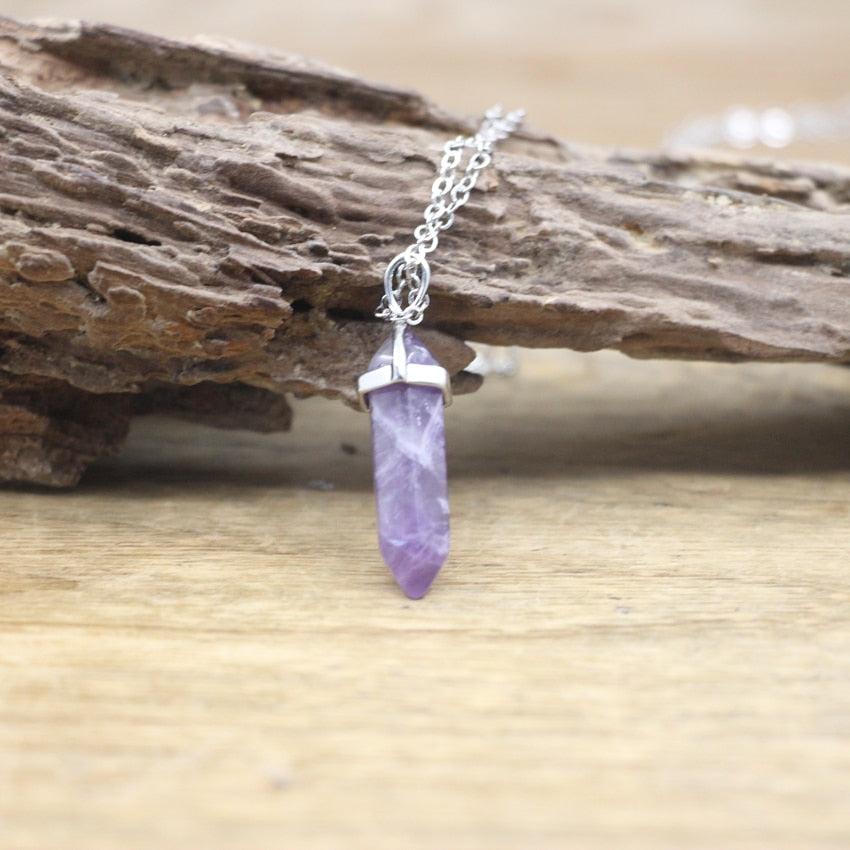 Natural Stone Hexagonal Point Pendants Necklaces Healing Crystal Quartz Fluorite Lapis Bullet Pendulum Chakra Jewelry QC3106