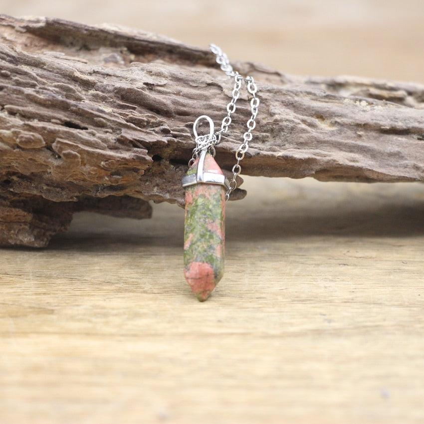 Natural Stone Hexagonal Point Pendants Necklaces Healing Crystal Quartz Fluorite Lapis Bullet Pendulum Chakra Jewelry QC3106