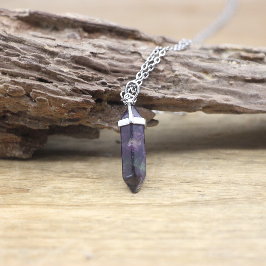 Natural Stone Hexagonal Point Pendants Necklaces Healing Crystal Quartz Fluorite Lapis Bullet Pendulum Chakra Jewelry QC3106