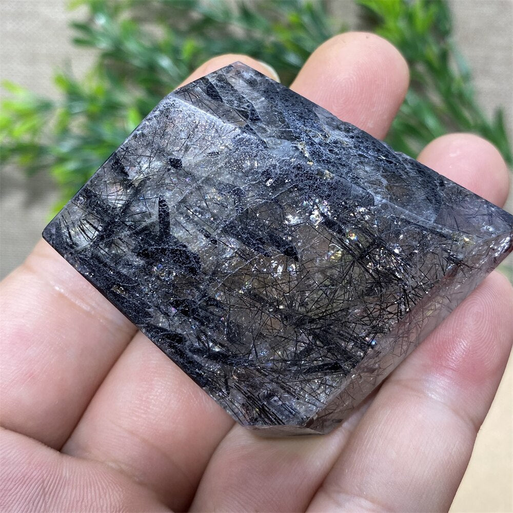 Black Tourmaline Natural Stone Crystal Healing Polyhedron Hair Quartz Palm Playing  Wicca Reiki Ornaments Home Decoration Room