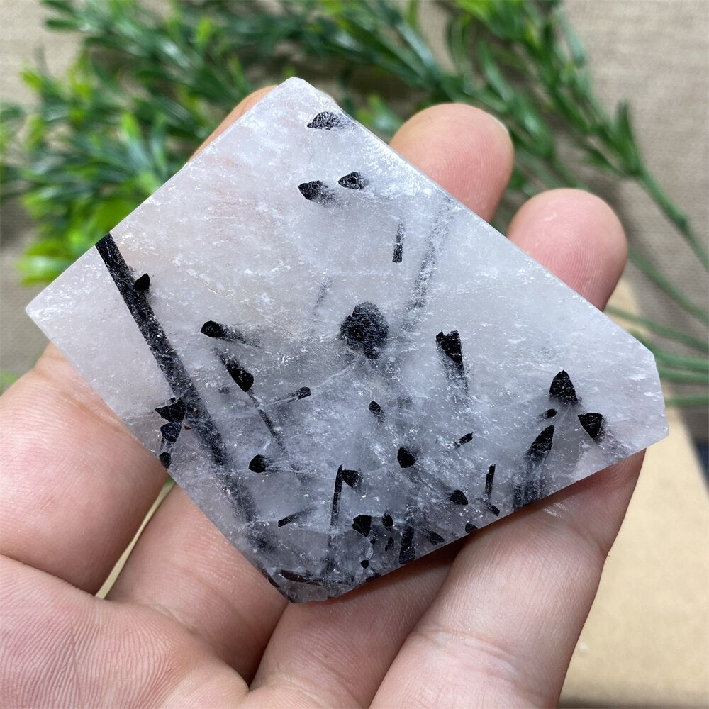 Black Tourmaline Natural Stone Crystal Healing Polyhedron Hair Quartz Palm Playing  Wicca Reiki Ornaments Home Decoration Room