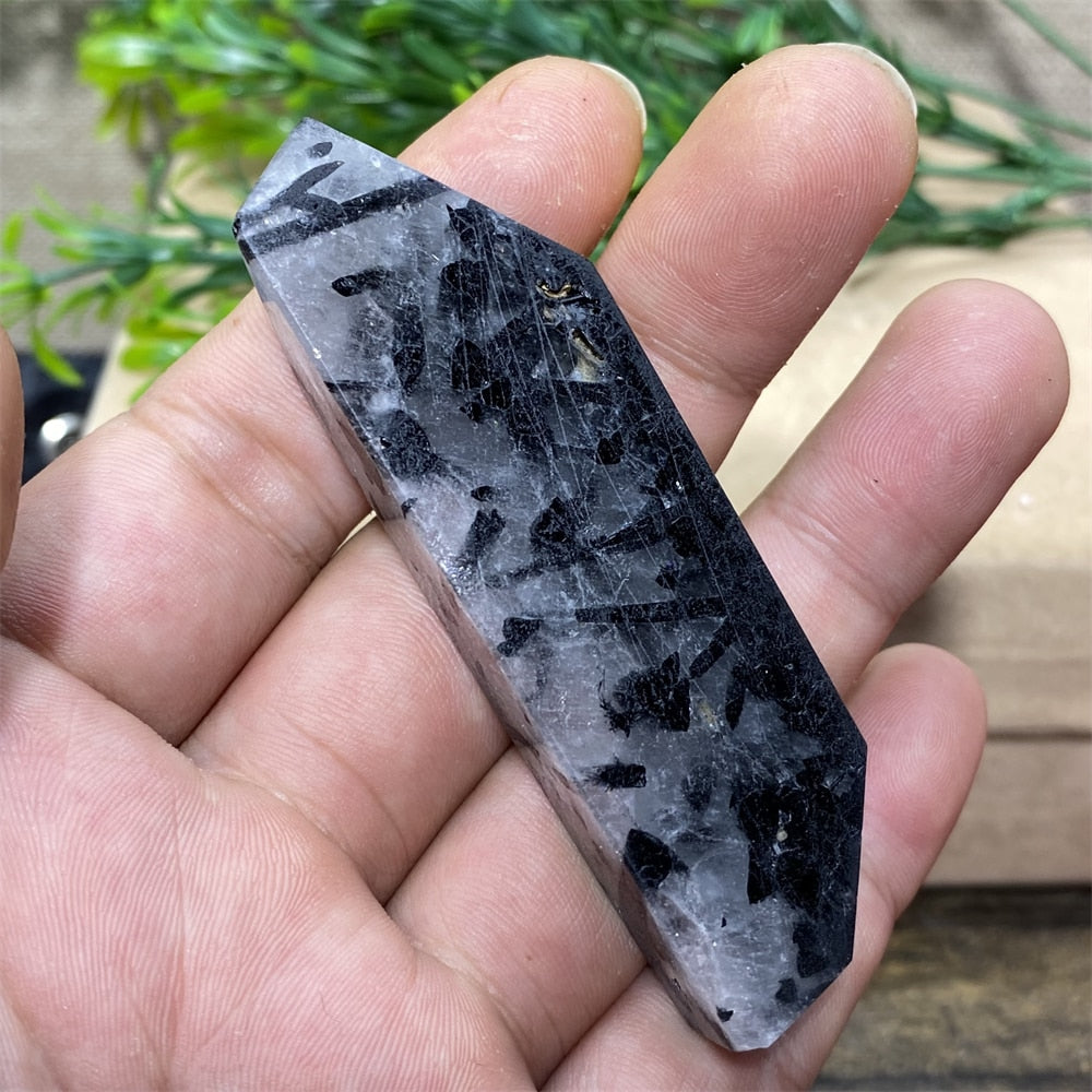 Black Tourmaline Natural Stone Crystal Healing Polyhedron Hair Quartz Palm Playing  Wicca Reiki Ornaments Home Decoration Room