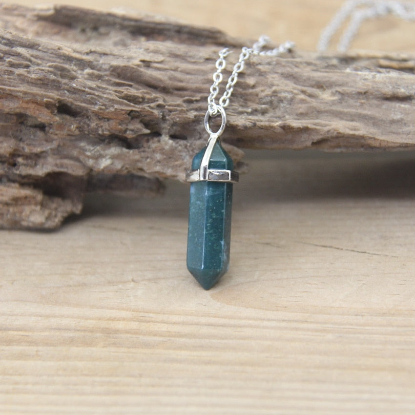 Natural Stone Hexagonal Point Pendants Necklaces Healing Crystal Quartz Fluorite Lapis Bullet Pendulum Chakra Jewelry QC3106