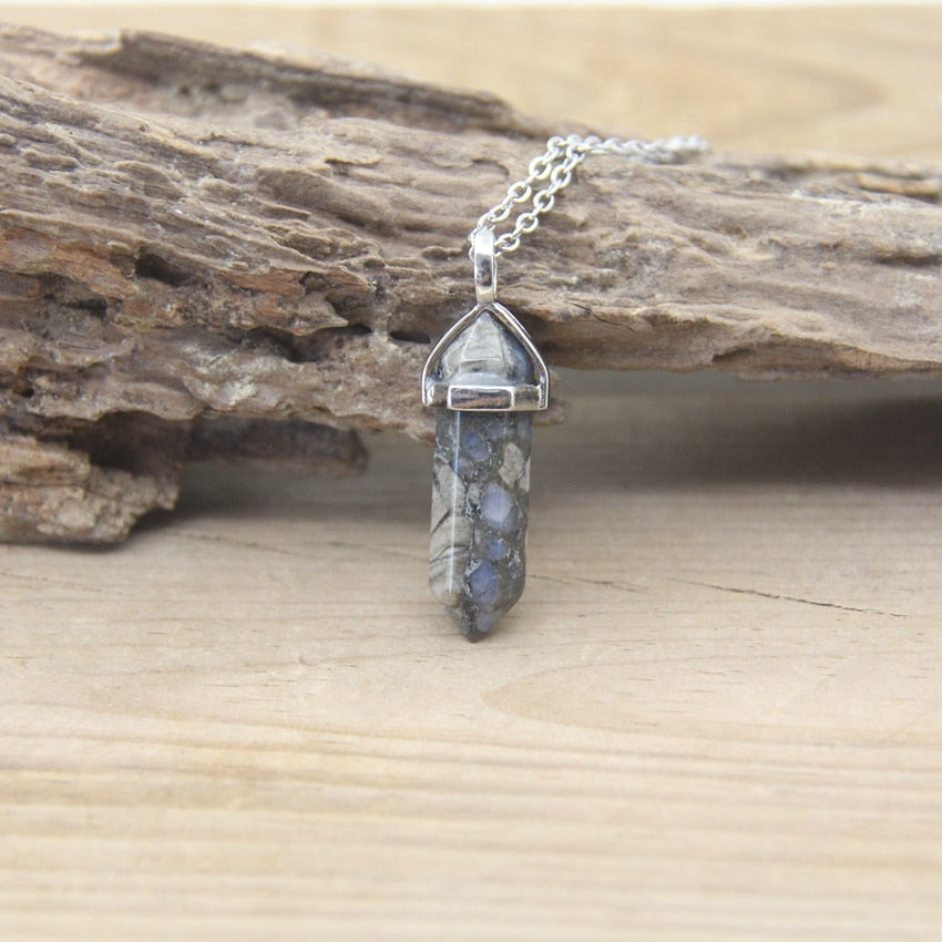 Natural Stone Hexagonal Point Pendants Necklaces Healing Crystal Quartz Fluorite Lapis Bullet Pendulum Chakra Jewelry QC3106