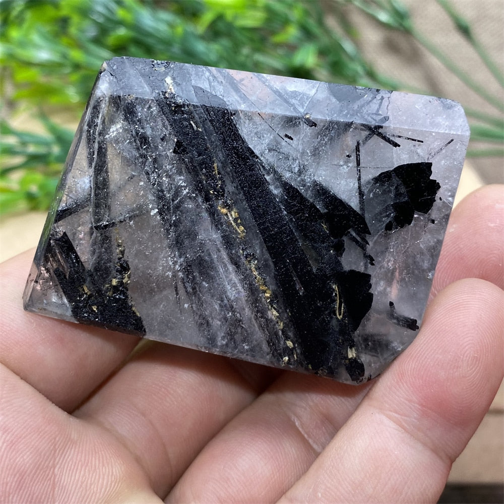 Black Tourmaline Natural Stone Crystal Healing Polyhedron Hair Quartz Palm Playing  Wicca Reiki Ornaments Home Decoration Room