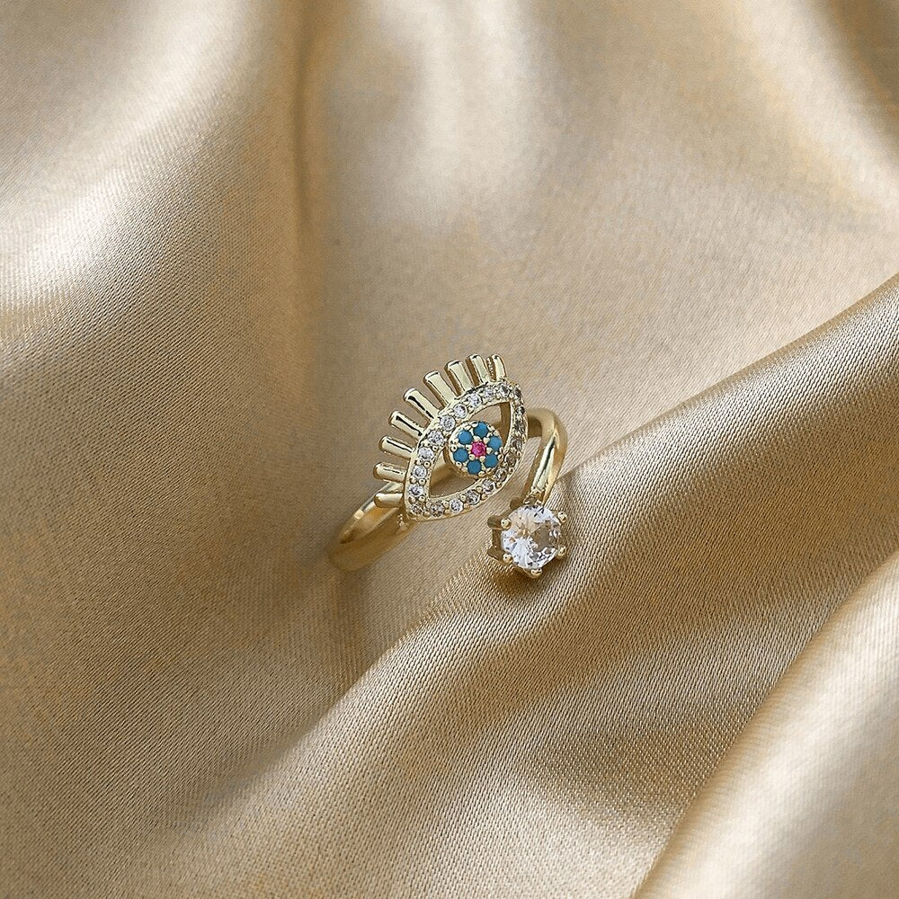 Classic Evil Eye Open Adjustable Finger Ring with Cubic Zirconia for Women Luxury Turkish Eyes Rings Engagement Jewelry