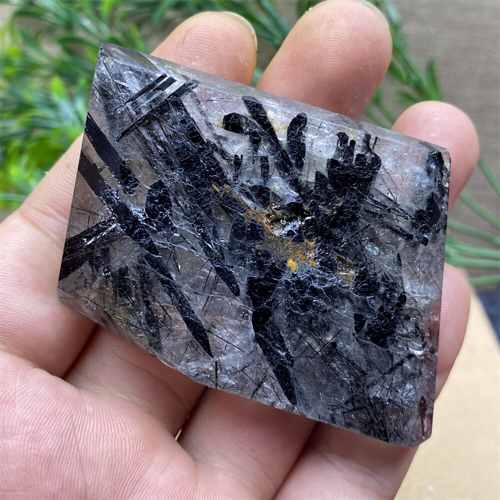 Black Tourmaline Natural Stone Crystal Healing Polyhedron Hair Quartz Palm Playing  Wicca Reiki Ornaments Home Decoration Room