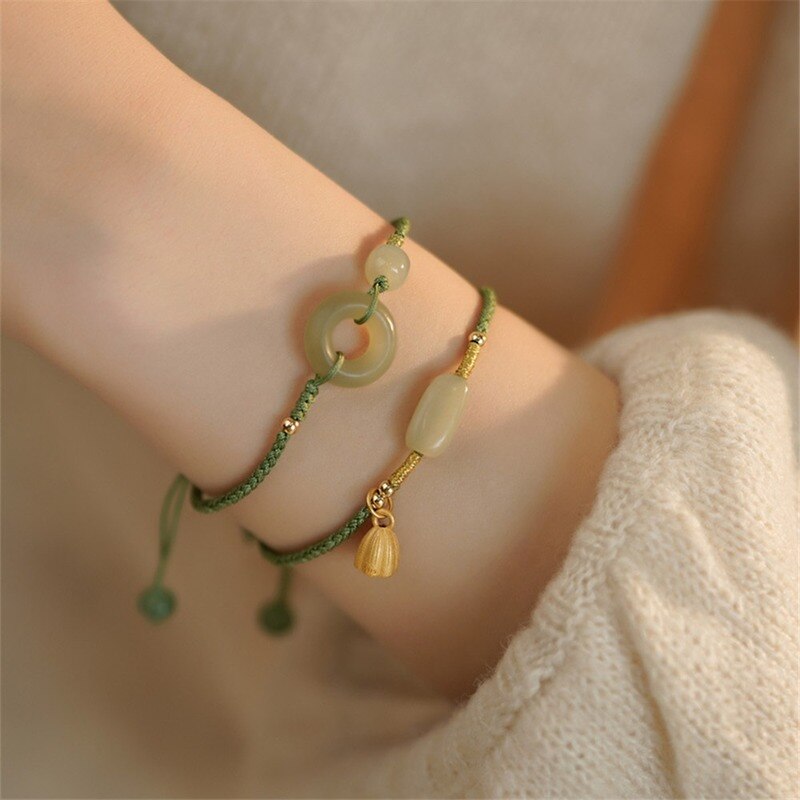 Natural Stone Hetian Jade Safe Buckle Hand Rope Vintage Bracelet Gift New National Tide High Grade Romantic Female Charm Jewelry
