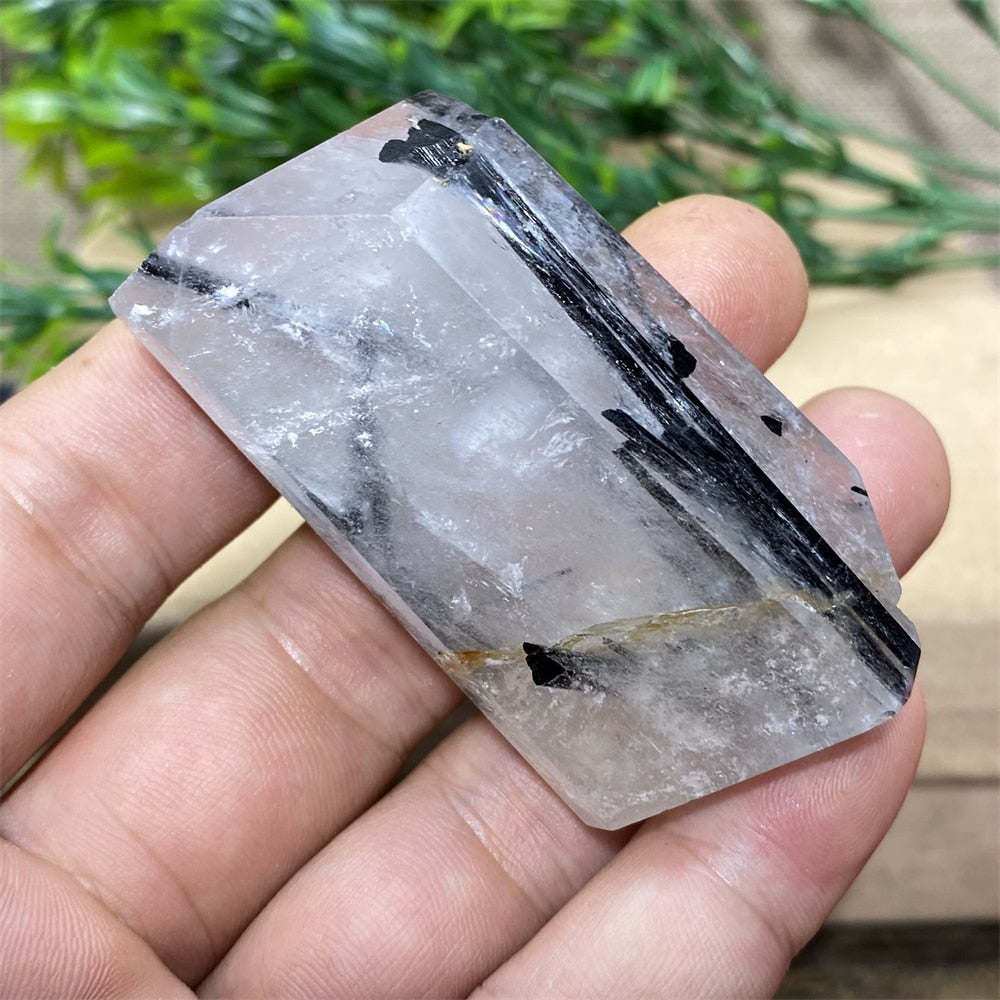 Black Tourmaline Natural Stone Crystal Healing Polyhedron Hair Quartz Palm Playing  Wicca Reiki Ornaments Home Decoration Room