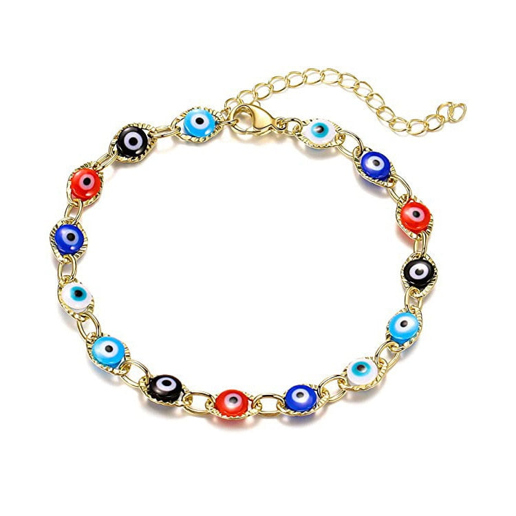 Simple Design Turkish Evil Eye Charm Bracelet for Women Boho Lucky Gold Color Copper Chain Adjustable Bracelet Summer Jewelry