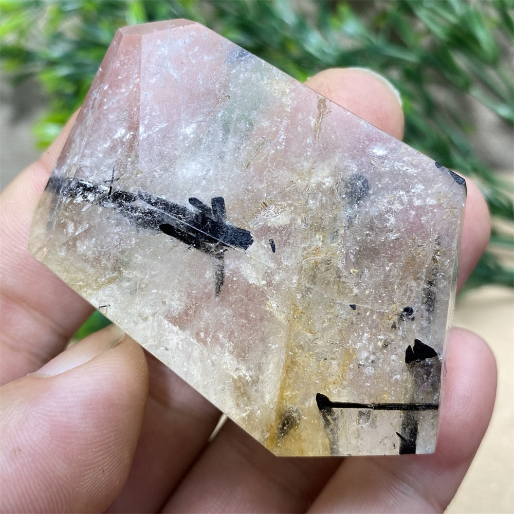 Black Tourmaline Natural Stone Crystal Healing Polyhedron Hair Quartz Palm Playing  Wicca Reiki Ornaments Home Decoration Room