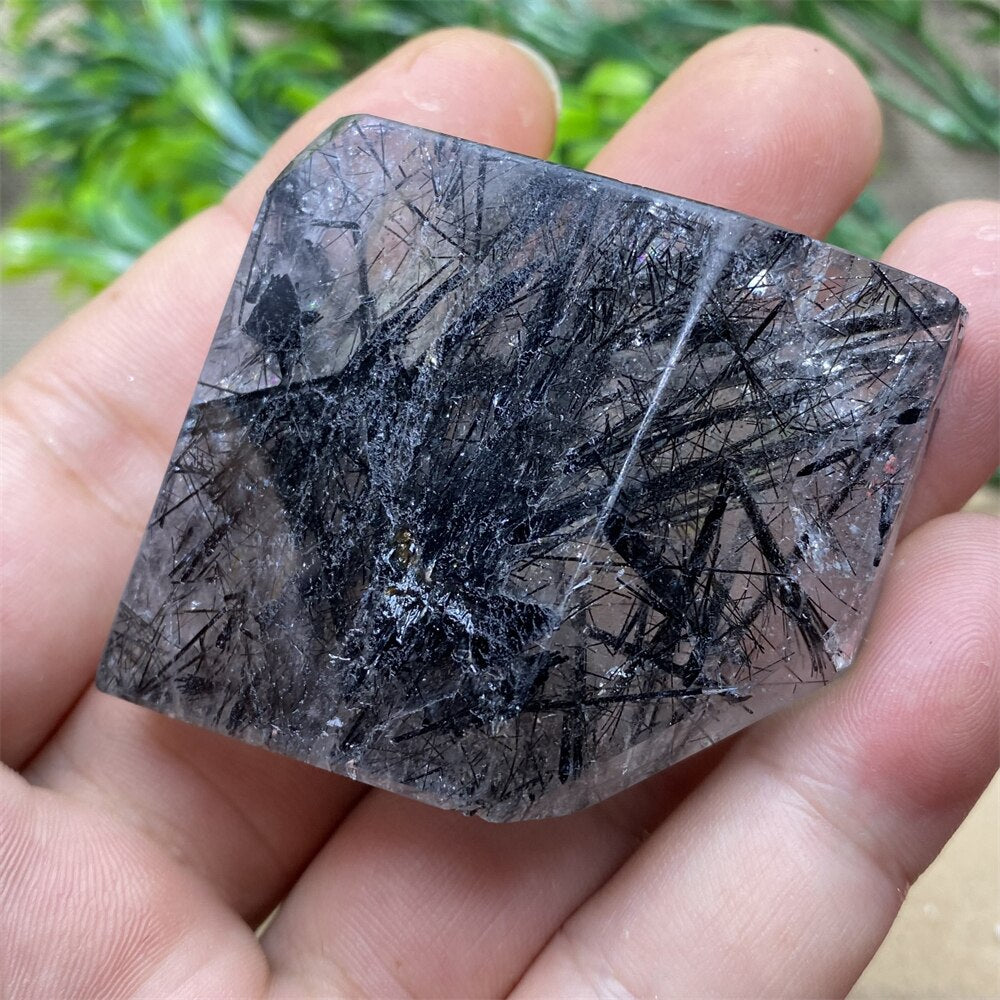 Black Tourmaline Natural Stone Crystal Healing Polyhedron Hair Quartz Palm Playing  Wicca Reiki Ornaments Home Decoration Room