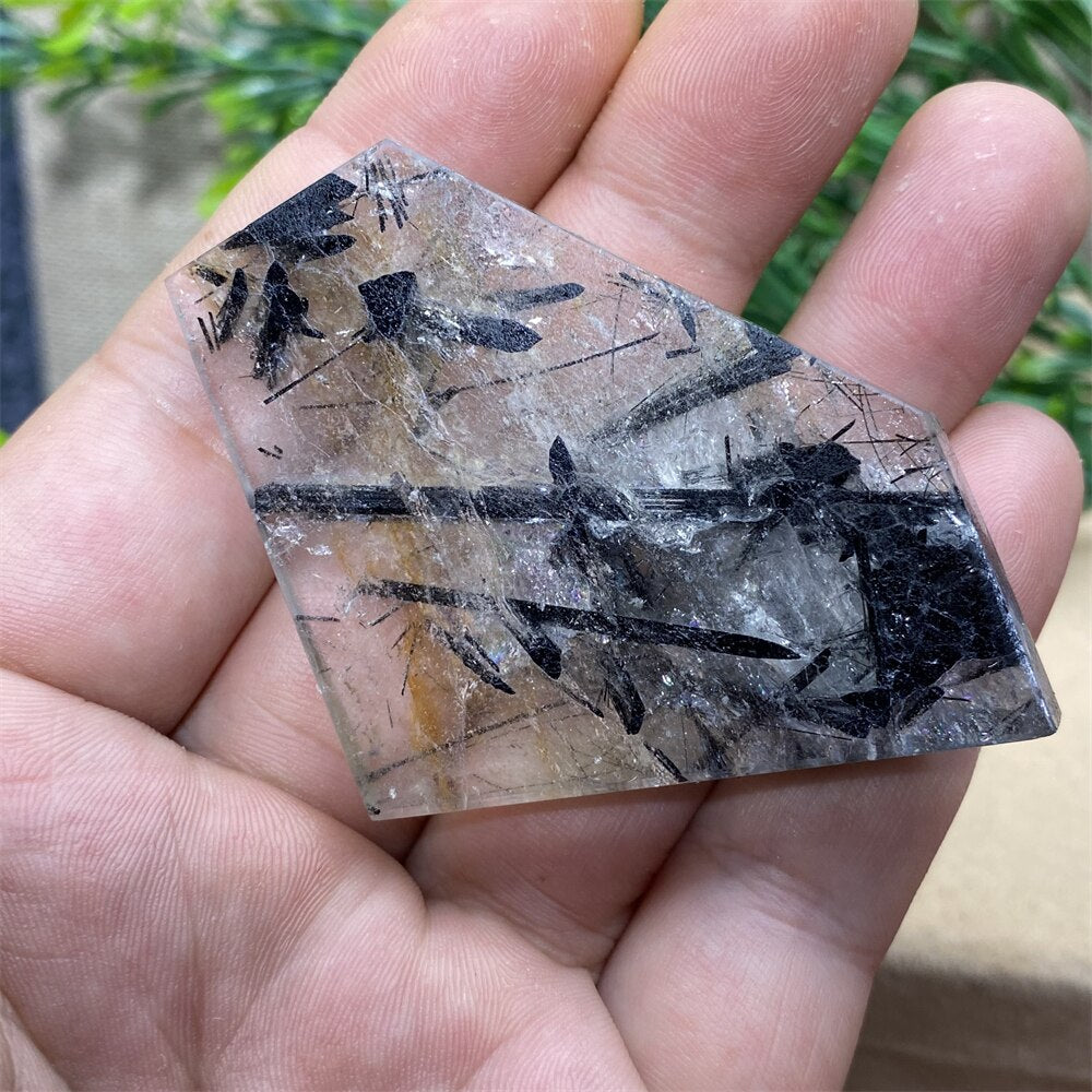 Black Tourmaline Natural Stone Crystal Healing Polyhedron Hair Quartz Palm Playing  Wicca Reiki Ornaments Home Decoration Room