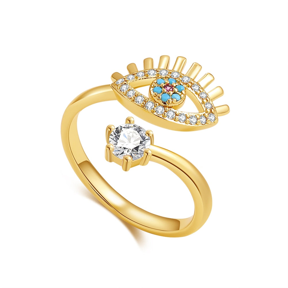Classic Evil Eye Open Adjustable Finger Ring with Cubic Zirconia for Women Luxury Turkish Eyes Rings Engagement Jewelry