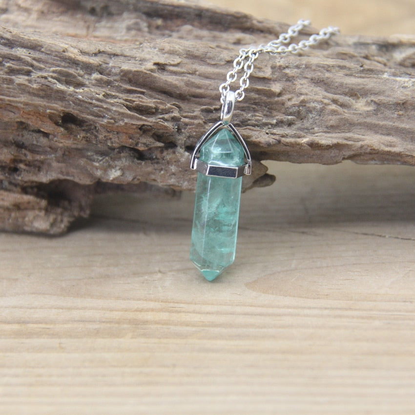 Natural Stone Hexagonal Point Pendants Necklaces Healing Crystal Quartz Fluorite Lapis Bullet Pendulum Chakra Jewelry QC3106