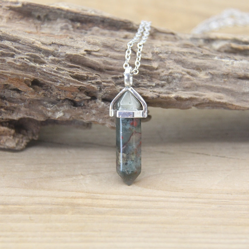 Natural Stone Hexagonal Point Pendants Necklaces Healing Crystal Quartz Fluorite Lapis Bullet Pendulum Chakra Jewelry QC3106
