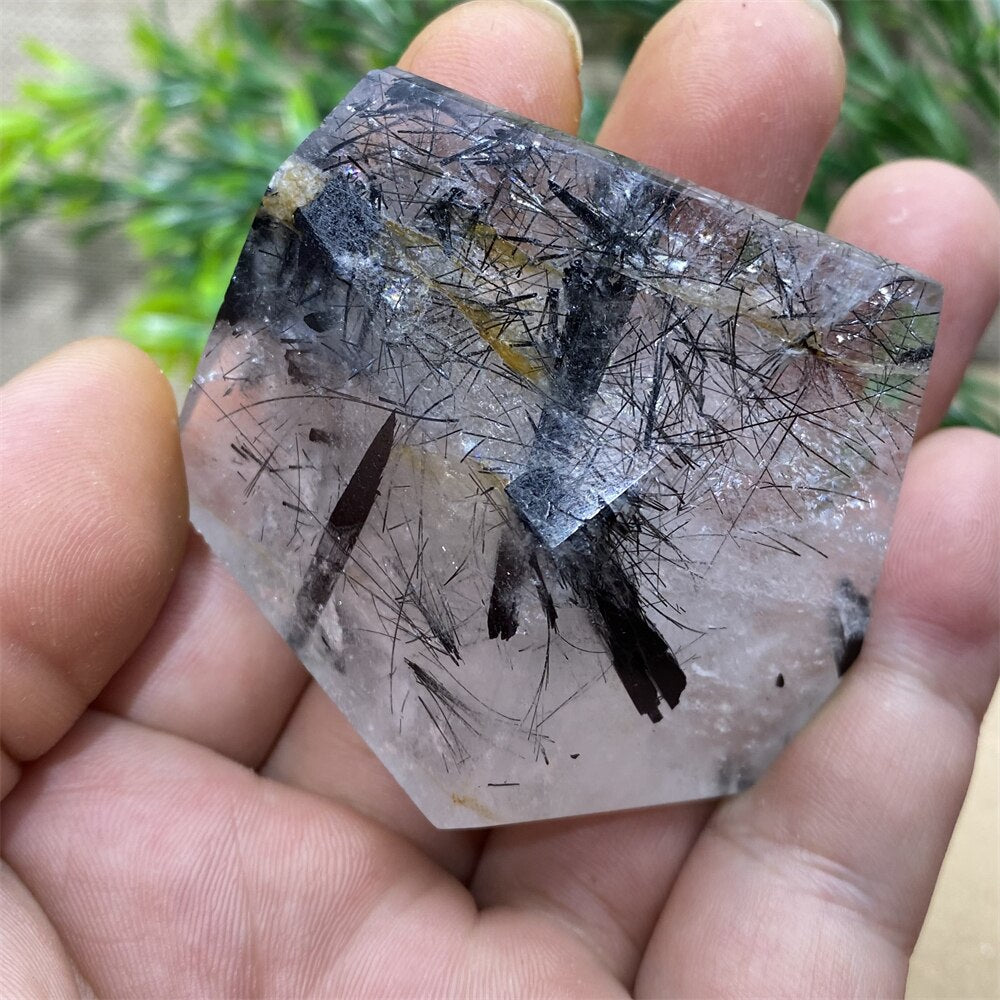 Black Tourmaline Natural Stone Crystal Healing Polyhedron Hair Quartz Palm Playing  Wicca Reiki Ornaments Home Decoration Room