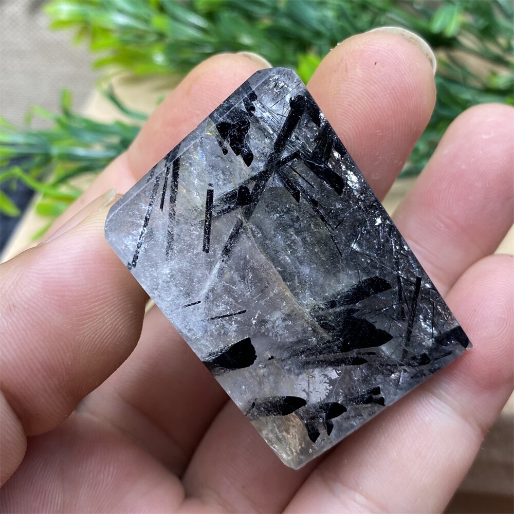 Black Tourmaline Natural Stone Crystal Healing Polyhedron Hair Quartz Palm Playing  Wicca Reiki Ornaments Home Decoration Room