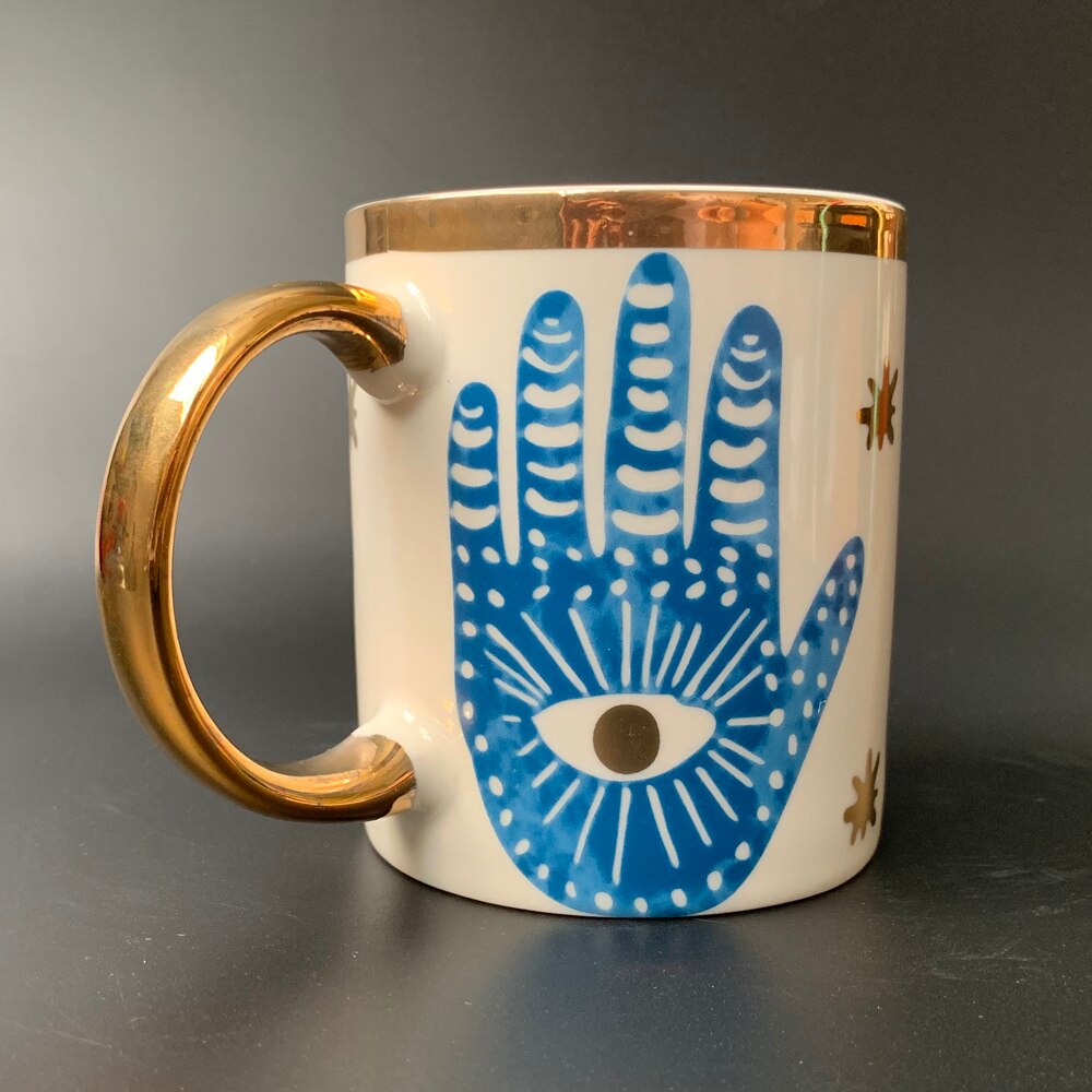 Creative Hands Eyes Plate with Gold Rim Ceramic Dinnerware Dessert Cake Dishes Coffee Cups Indian Style Totem Serving Tray