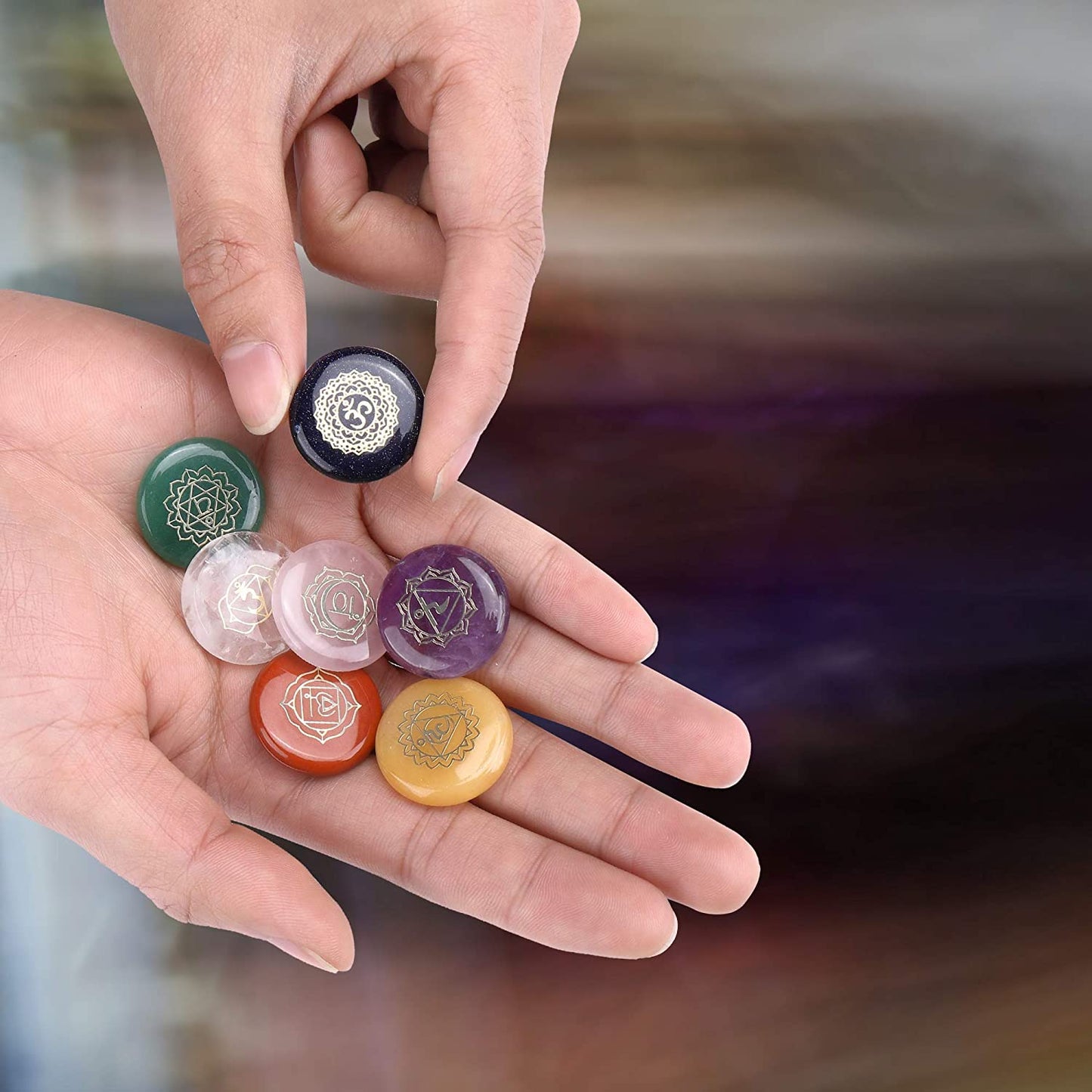 7 Chakra Symbol Crystal Stones Set Natural Reiki Healing Crystal Bulk Palm Polished Pocket Gemstones for Meditation Balancing