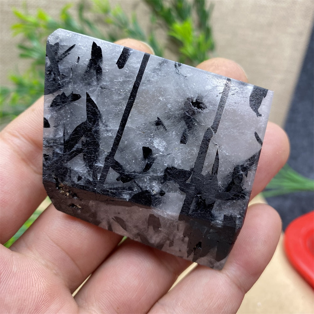 Black Tourmaline Natural Stone Crystal Healing Polyhedron Hair Quartz Palm Playing  Wicca Reiki Ornaments Home Decoration Room
