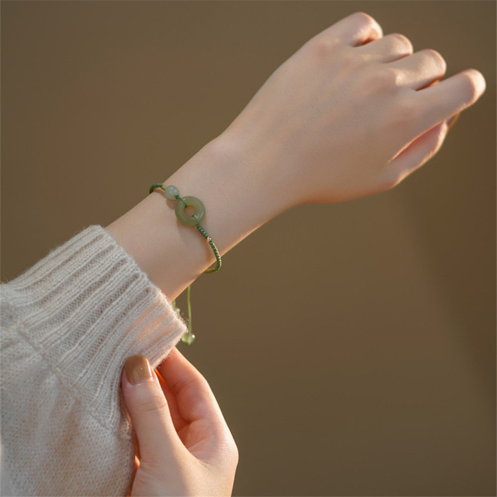 Natural Stone Hetian Jade Safe Buckle Hand Rope Vintage Bracelet Gift New National Tide High Grade Romantic Female Charm Jewelry