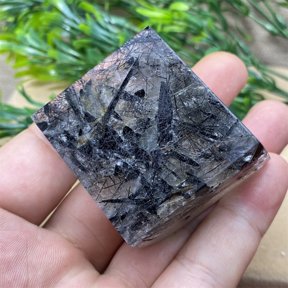 Black Tourmaline Natural Stone Crystal Healing Polyhedron Hair Quartz Palm Playing  Wicca Reiki Ornaments Home Decoration Room