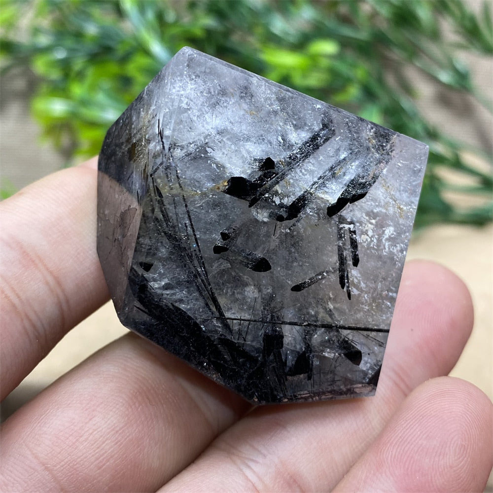 Black Tourmaline Natural Stone Crystal Healing Polyhedron Hair Quartz Palm Playing  Wicca Reiki Ornaments Home Decoration Room