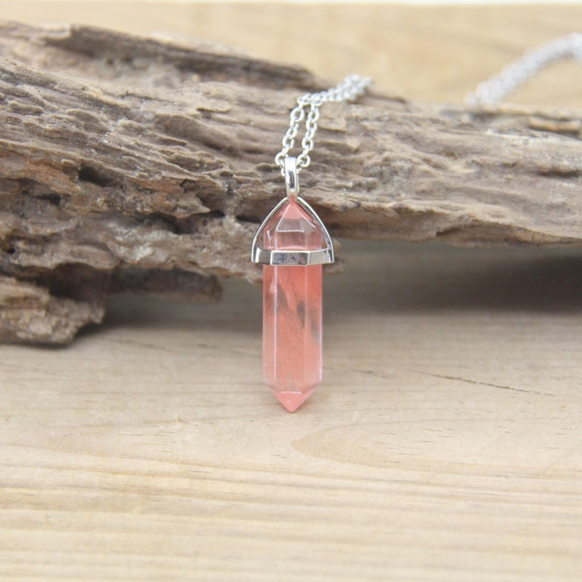 Natural Stone Hexagonal Point Pendants Necklaces Healing Crystal Quartz Fluorite Lapis Bullet Pendulum Chakra Jewelry QC3106