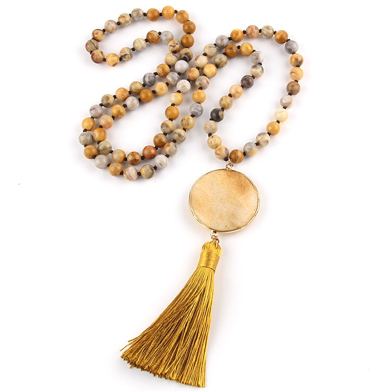 Fashion Bohemian Jewelry Semi Precious Stones Long Knotted Matching Stone Links Tassel Necklaces For Women Ethnic Necklace