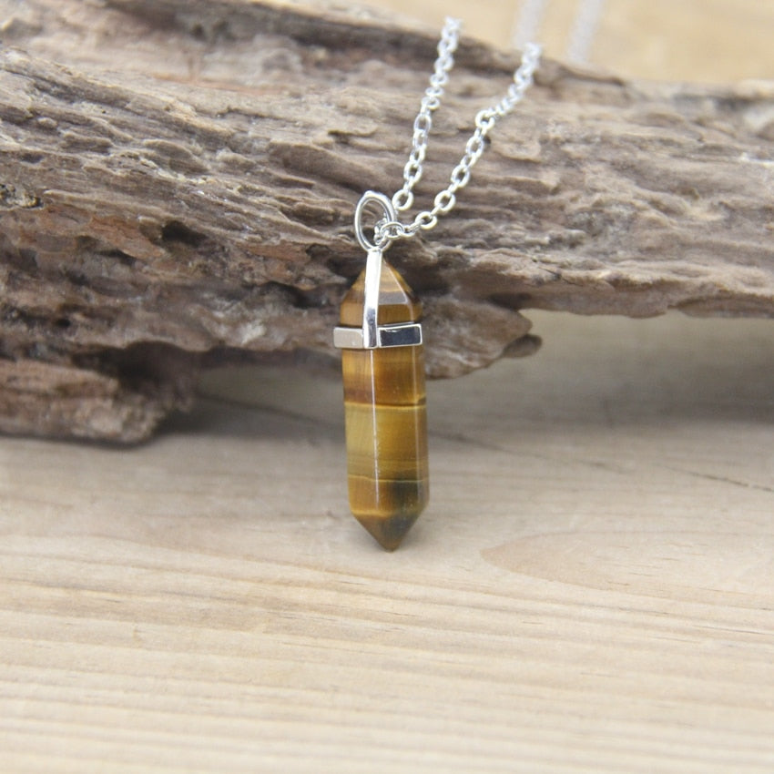 Natural Stone Hexagonal Point Pendants Necklaces Healing Crystal Quartz Fluorite Lapis Bullet Pendulum Chakra Jewelry QC3106