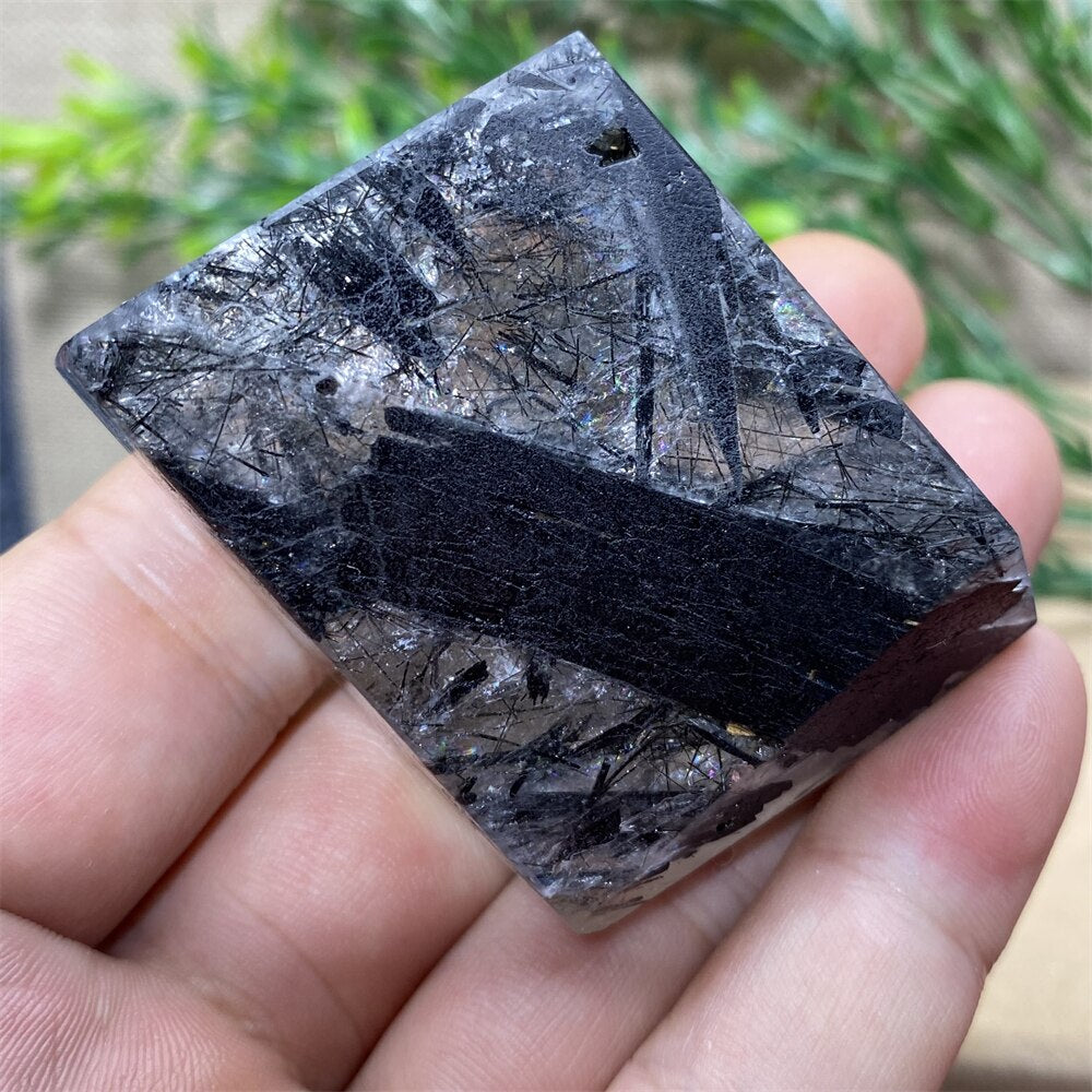 Black Tourmaline Natural Stone Crystal Healing Polyhedron Hair Quartz Palm Playing  Wicca Reiki Ornaments Home Decoration Room