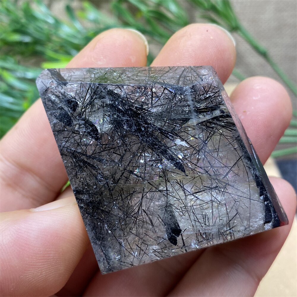 Black Tourmaline Natural Stone Crystal Healing Polyhedron Hair Quartz Palm Playing  Wicca Reiki Ornaments Home Decoration Room