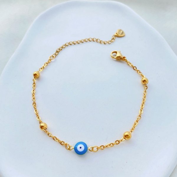 Simple Design Turkish Evil Eye Charm Bracelet for Women Boho Lucky Gold Color Copper Chain Adjustable Bracelet Summer Jewelry
