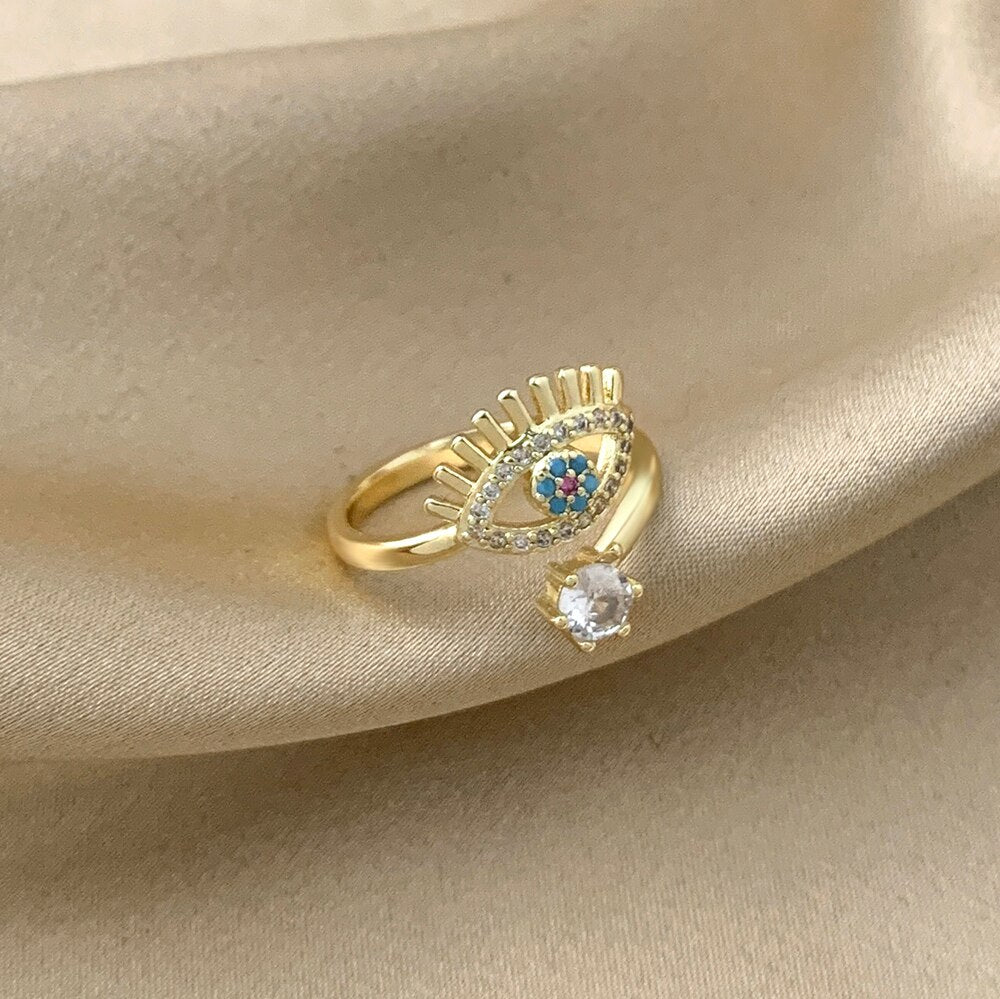 Classic Evil Eye Open Adjustable Finger Ring with Cubic Zirconia for Women Luxury Turkish Eyes Rings Engagement Jewelry